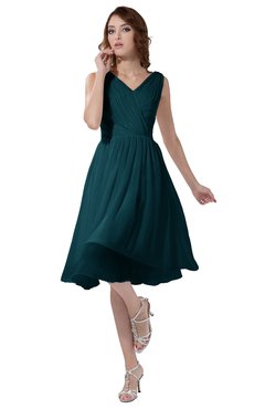 ColsBM Alexis Blue Green Simple A-line V-neck Zipper Knee Length Ruching Party Dresses