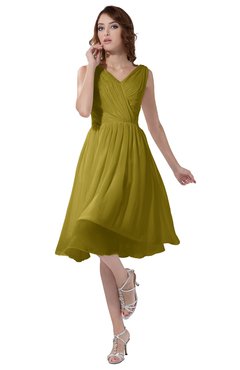 ColsBM Alexis Golden Olive Simple A-line V-neck Zipper Knee Length Ruching Party Dresses
