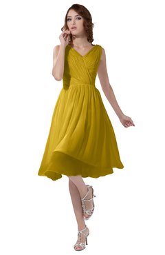 ColsBM Alexis Lemon Curry Simple A-line V-neck Zipper Knee Length Ruching Party Dresses