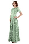ColsBM Megan Light Green Gorgeous Column Scalloped Edge Short Sleeve Floor Length Lace Bridesmaid Dresses