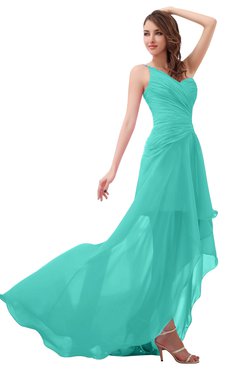 ColsBM Paige Blue Turquoise Romantic One Shoulder Sleeveless Brush Train Ruching Bridesmaid Dresses