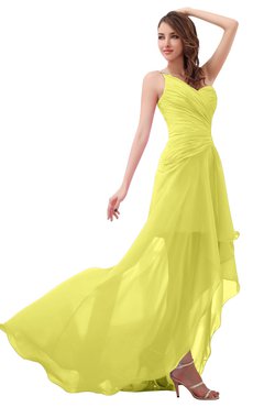 ColsBM Paige Pale Yellow Romantic One Shoulder Sleeveless Brush Train Ruching Bridesmaid Dresses
