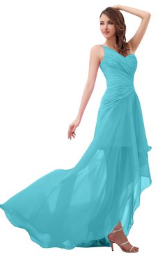 ColsBM Paige Turquoise Romantic One Shoulder Sleeveless Brush Train Ruching Bridesmaid Dresses