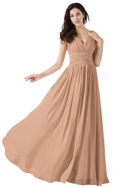 ColsBM Alana Almost Apricot Elegant V-neck Sleeveless Zip up Floor Length Ruching Bridesmaid Dresses