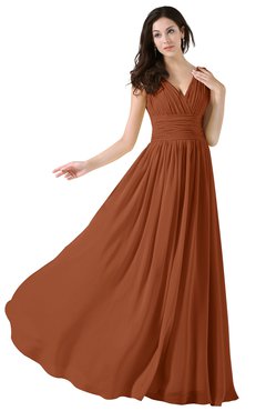 ColsBM Alana Bombay Brown Elegant V-neck Sleeveless Zip up Floor Length Ruching Bridesmaid Dresses