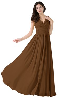 ColsBM Alana Brown Elegant V-neck Sleeveless Zip up Floor Length Ruching Bridesmaid Dresses
