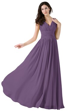 ColsBM Alana Chinese Violet Elegant V-neck Sleeveless Zip up Floor Length Ruching Bridesmaid Dresses