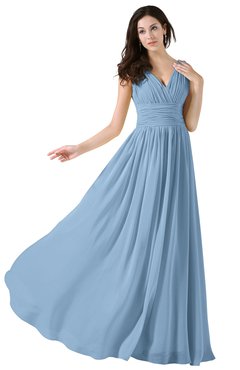 ColsBM Alana Dusty Blue Elegant V-neck Sleeveless Zip up Floor Length Ruching Bridesmaid Dresses