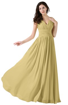 ColsBM Alana Gold Elegant V-neck Sleeveless Zip up Floor Length Ruching Bridesmaid Dresses