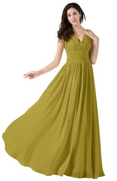 ColsBM Alana Golden Olive Elegant V-neck Sleeveless Zip up Floor Length Ruching Bridesmaid Dresses