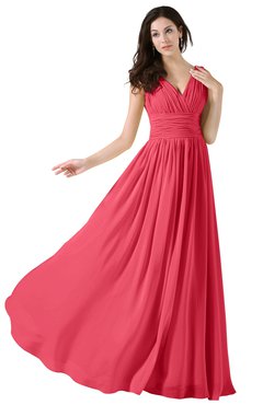ColsBM Alana Guava Elegant V-neck Sleeveless Zip up Floor Length Ruching Bridesmaid Dresses