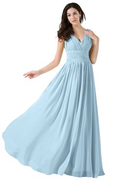 ColsBM Alana Ice Blue Elegant V-neck Sleeveless Zip up Floor Length Ruching Bridesmaid Dresses