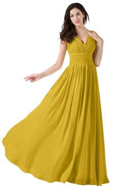 ColsBM Alana Lemon Curry Elegant V-neck Sleeveless Zip up Floor Length Ruching Bridesmaid Dresses