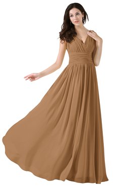 ColsBM Alana Light Brown Elegant V-neck Sleeveless Zip up Floor Length Ruching Bridesmaid Dresses
