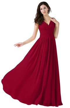 ColsBM Alana Maroon Elegant V-neck Sleeveless Zip up Floor Length Ruching Bridesmaid Dresses