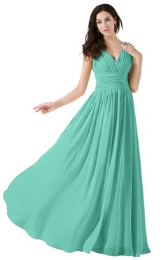 ColsBM Alana Mint Green Elegant V-neck Sleeveless Zip up Floor Length Ruching Bridesmaid Dresses
