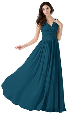ColsBM Alana Moroccan Blue Elegant V-neck Sleeveless Zip up Floor Length Ruching Bridesmaid Dresses
