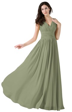 ColsBM Alana Moss Green Elegant V-neck Sleeveless Zip up Floor Length Ruching Bridesmaid Dresses