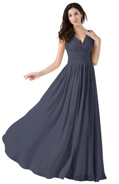 ColsBM Alana Nightshadow Blue Elegant V-neck Sleeveless Zip up Floor Length Ruching Bridesmaid Dresses