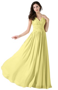 ColsBM Alana Pastel Yellow Elegant V-neck Sleeveless Zip up Floor Length Ruching Bridesmaid Dresses