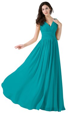 ColsBM Alana Peacock Blue Elegant V-neck Sleeveless Zip up Floor Length Ruching Bridesmaid Dresses