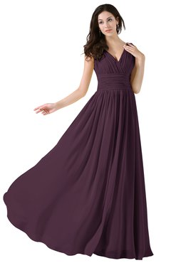 ColsBM Alana Plum Elegant V-neck Sleeveless Zip up Floor Length Ruching Bridesmaid Dresses