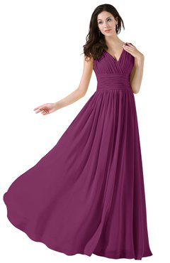 ColsBM Alana Raspberry Elegant V-neck Sleeveless Zip up Floor Length Ruching Bridesmaid Dresses
