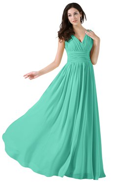 ColsBM Alana Seafoam Green Elegant V-neck Sleeveless Zip up Floor Length Ruching Bridesmaid Dresses