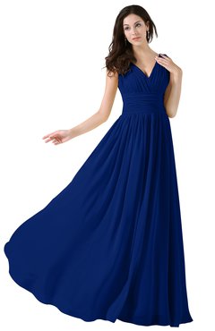 ColsBM Alana Sodalite Blue Elegant V-neck Sleeveless Zip up Floor Length Ruching Bridesmaid Dresses