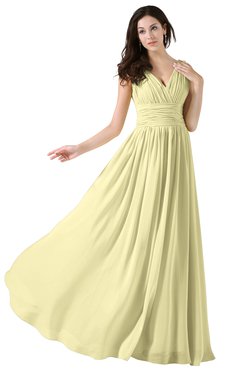 ColsBM Alana Soft Yellow Elegant V-neck Sleeveless Zip up Floor Length Ruching Bridesmaid Dresses