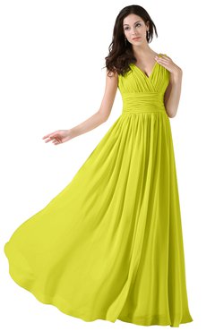 ColsBM Alana Sulphur Spring Elegant V-neck Sleeveless Zip up Floor Length Ruching Bridesmaid Dresses