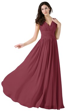 ColsBM Alana Wine Elegant V-neck Sleeveless Zip up Floor Length Ruching Bridesmaid Dresses