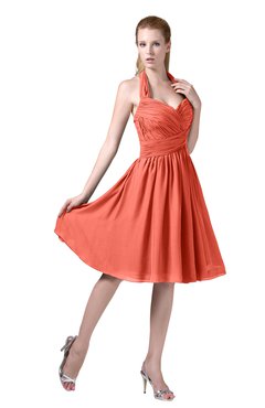 ColsBM Corinne Fusion Coral Modest Sleeveless Zip up Chiffon Knee Length Ruching Party Dresses