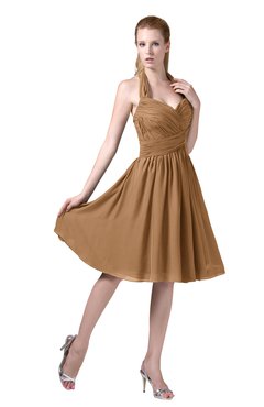 ColsBM Corinne Light Brown Modest Sleeveless Zip up Chiffon Knee Length Ruching Party Dresses