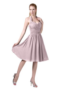 ColsBM Corinne Pale Lilac Modest Sleeveless Zip up Chiffon Knee Length Ruching Party Dresses