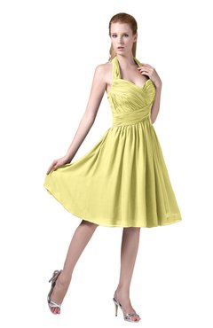 ColsBM Corinne Pastel Yellow Modest Sleeveless Zip up Chiffon Knee Length Ruching Party Dresses