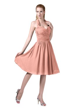 ColsBM Corinne Peach Modest Sleeveless Zip up Chiffon Knee Length Ruching Party Dresses