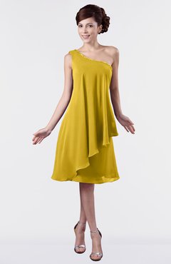 ColsBM Mallory Lemon Curry Cute One Shoulder Zipper Knee Length Rhinestone Plus Size Bridesmaid Dresses