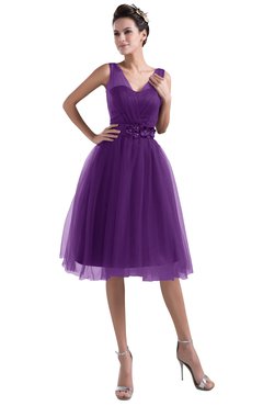 ColsBM Ashley Amaranth Purple Plain Illusion Zipper Knee Length Flower Plus Size Bridesmaid Dresses