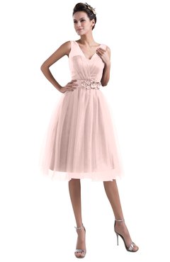 ColsBM Ashley Pastel Pink Plain Illusion Zipper Knee Length Flower Plus Size Bridesmaid Dresses