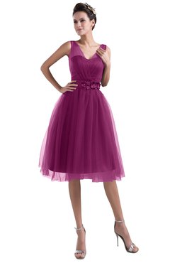 ColsBM Ashley Raspberry Plain Illusion Zipper Knee Length Flower Plus Size Bridesmaid Dresses