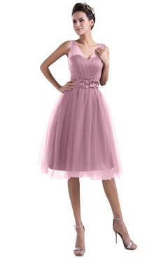 ColsBM Ashley Silver Pink Plain Illusion Zipper Knee Length Flower Plus Size Bridesmaid Dresses