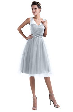 ColsBM Ashley Silver Plain Illusion Zipper Knee Length Flower Plus Size Bridesmaid Dresses