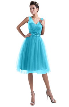 ColsBM Ashley Turquoise Plain Illusion Zipper Knee Length Flower Plus Size Bridesmaid Dresses