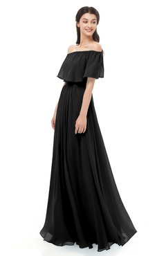 ColsBM Hana Black Bridesmaid Dresses Romantic Short Sleeve Floor Length Pleated A-line Off The Shoulder