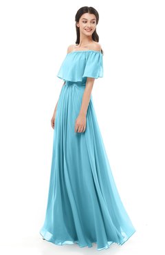 ColsBM Hana Light Blue Bridesmaid Dresses Romantic Short Sleeve Floor Length Pleated A-line Off The Shoulder
