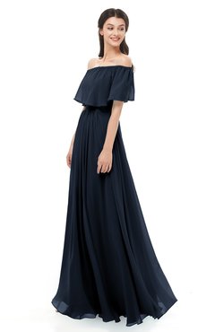 ColsBM Hana Navy Blue Bridesmaid Dresses Romantic Short Sleeve Floor Length Pleated A-line Off The Shoulder