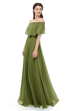 ColsBM Hana Olive Green Bridesmaid Dresses Romantic Short Sleeve Floor Length Pleated A-line Off The Shoulder