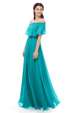 ColsBM Hana Peacock Blue Bridesmaid Dresses Romantic Short Sleeve Floor Length Pleated A-line Off The Shoulder