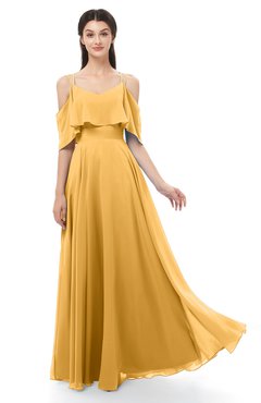 ColsBM Jamie Golden Cream Bridesmaid Dresses Floor Length Pleated V-neck Half Backless A-line Modern